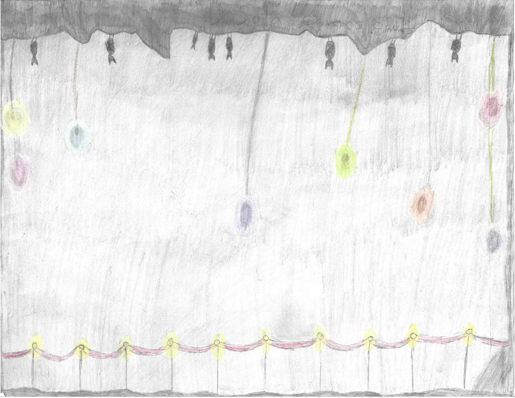 Jaden L. Artwork winner of the 9 - 13 years old categoryJaden described her artwork this way: “I put bats and lights, the lights are many colors, a walkway. I took a lot of time to draw it. I put dark on top for top and bottom for walk way.”.